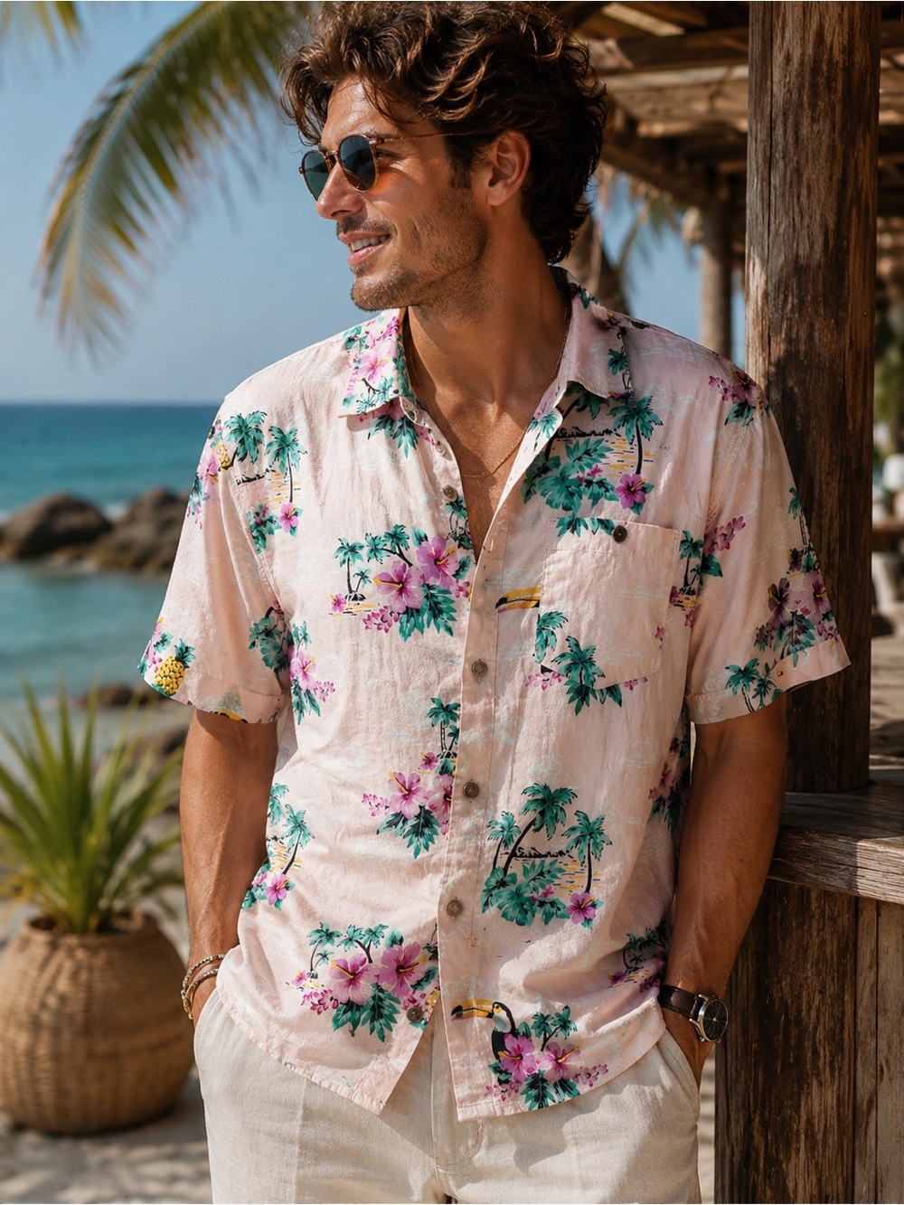Jon Surf Shop Tropical Toucan Hawaiian Shirt M